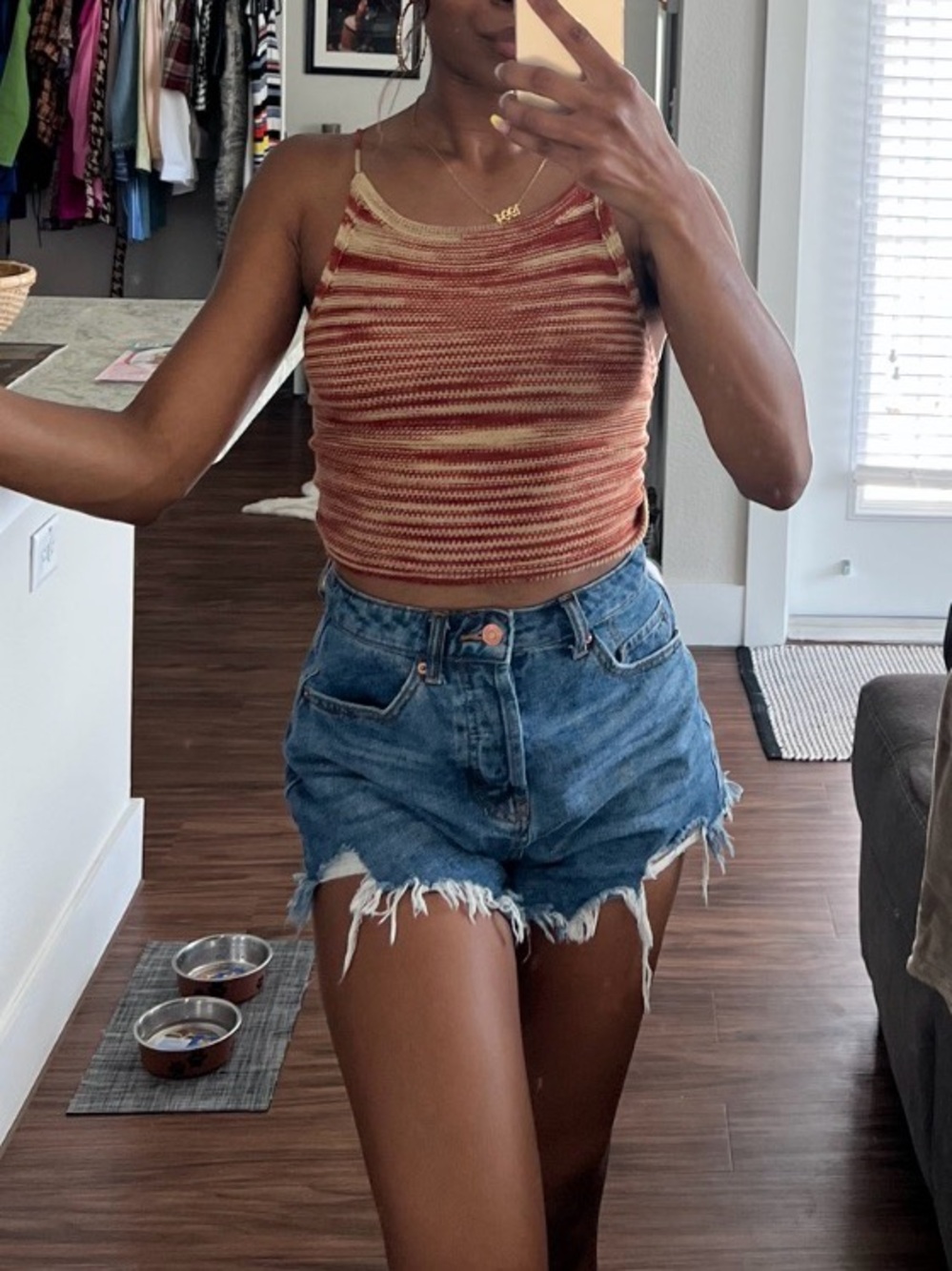 Striped Knit Halter Cami Tank Top in Rust and Cream